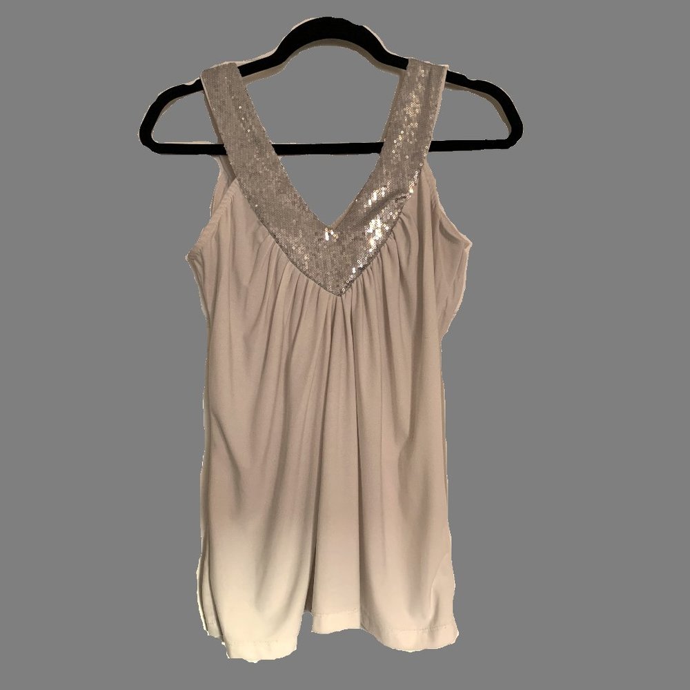 Heavy, flowy, A-line, sequined top.